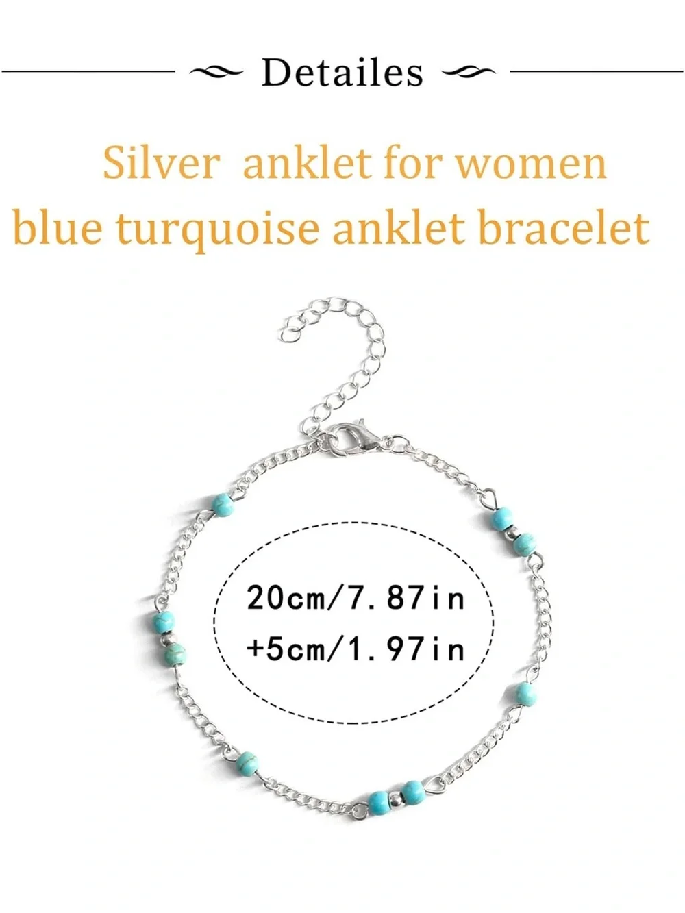 Turquoise Beaded Silver Anklet Waterproof Boho Non Tarnish Ankle Bracelet